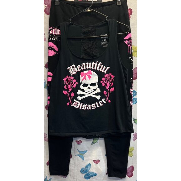 Beautiful Disaster Two-Piece Tank & Leggings XL Black Pink Gothic Skull & Roses - Picture 1 of 7